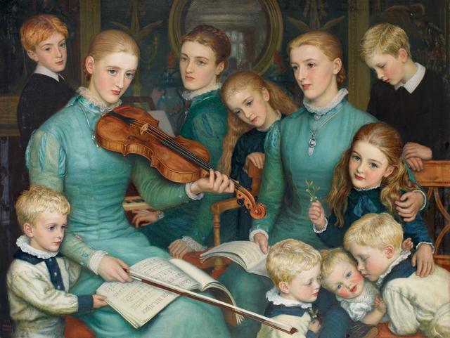 画像: アーサー・ヒューズ《ブラッケン・ディーンのクリスマス・キャロル - ジェイムズ・リサート家》1878-79年 油彩/カンヴァス バーミンガム市美術博物館(寄託) ©Birmingham Museum Trust on behalf of Birmingham City Council