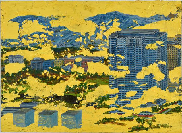 画像: Cube-002(トランプタワー) カシュ-、油彩、綿布、パネル 24.8×33.9cm 2019