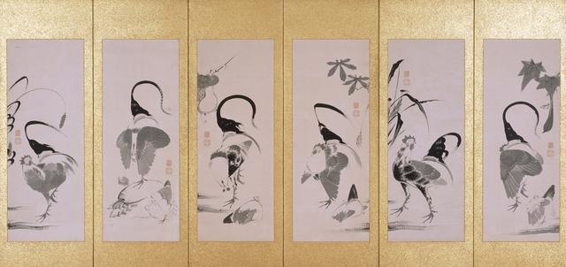画像: 《群鶏蔬菜図押絵貼屏風》(左隻) 伊藤若冲筆 六曲一双 紙本墨画 江戸時代 相国寺蔵