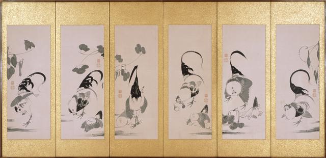 画像: 《群鶏蔬菜図押絵貼屏風》(右隻) 伊藤若冲筆 六曲一双 紙本墨画 江戸時代 相国寺蔵