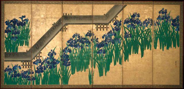 画像: 尾形光琳 八橋図屏風 江戸時代 宝永6(1709)年以降 ニューヨーク、メトロポリタン美術館蔵 右隻 Ogata Kōrin, Irises at Yatsuhashi (Eight Bridges). Metropolitan Museum of Art (Image in public domain as part of MET-API program) ✳︎本展の展示作品ではありません