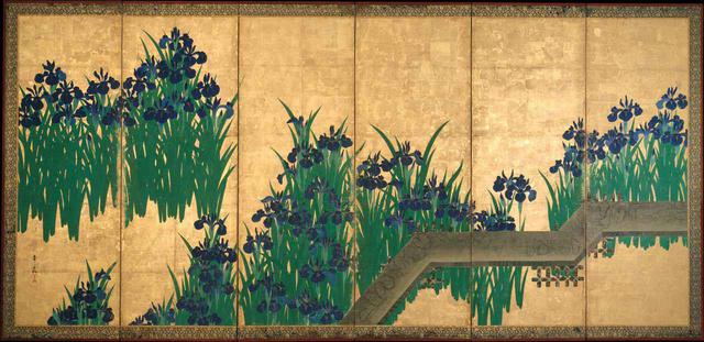 画像: 尾形光琳 八橋図屏風 ニューヨーク、メトロポリタン美術館蔵 左隻 Ogata Kōrin, Irises at Yatsuhashi (Eight Bridges). Metropolitan Museum of Art (Public Domain) ✳︎本展の展示作品ではありません