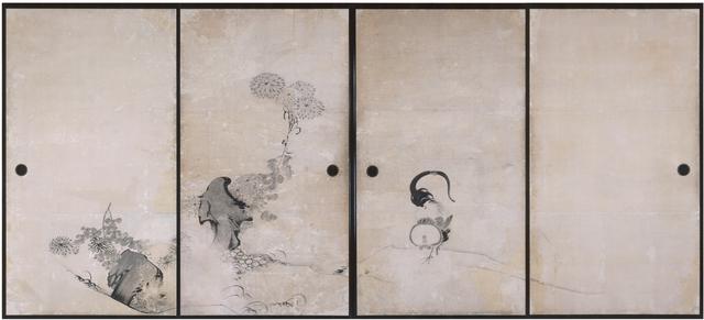 画像: 重要文化財 《鹿苑寺大書院障壁画》 伊藤若冲筆 菊鶏図襖絵 五十面のうち 紙本墨画 江戸時代 宝暦九年(1759) 鹿苑寺蔵