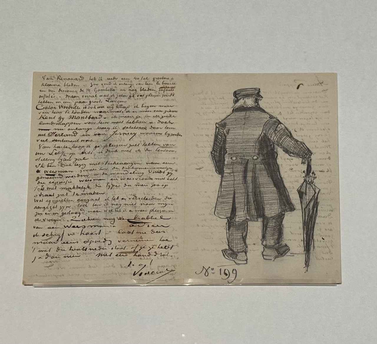 画像: 「傘を持つ老人の後ろ姿が描かれたアントン・ファン・ラッパルト宛ての手紙」1882年9月23日頃　ファン・ゴッホ美術館、アムステルダム（フィンセント・ファン・ゴッホ財団）特別展「ゴッホ展　家族がつないだ画家の夢」大阪市立美術館内覧会にて撮影　photo by ©cinefil