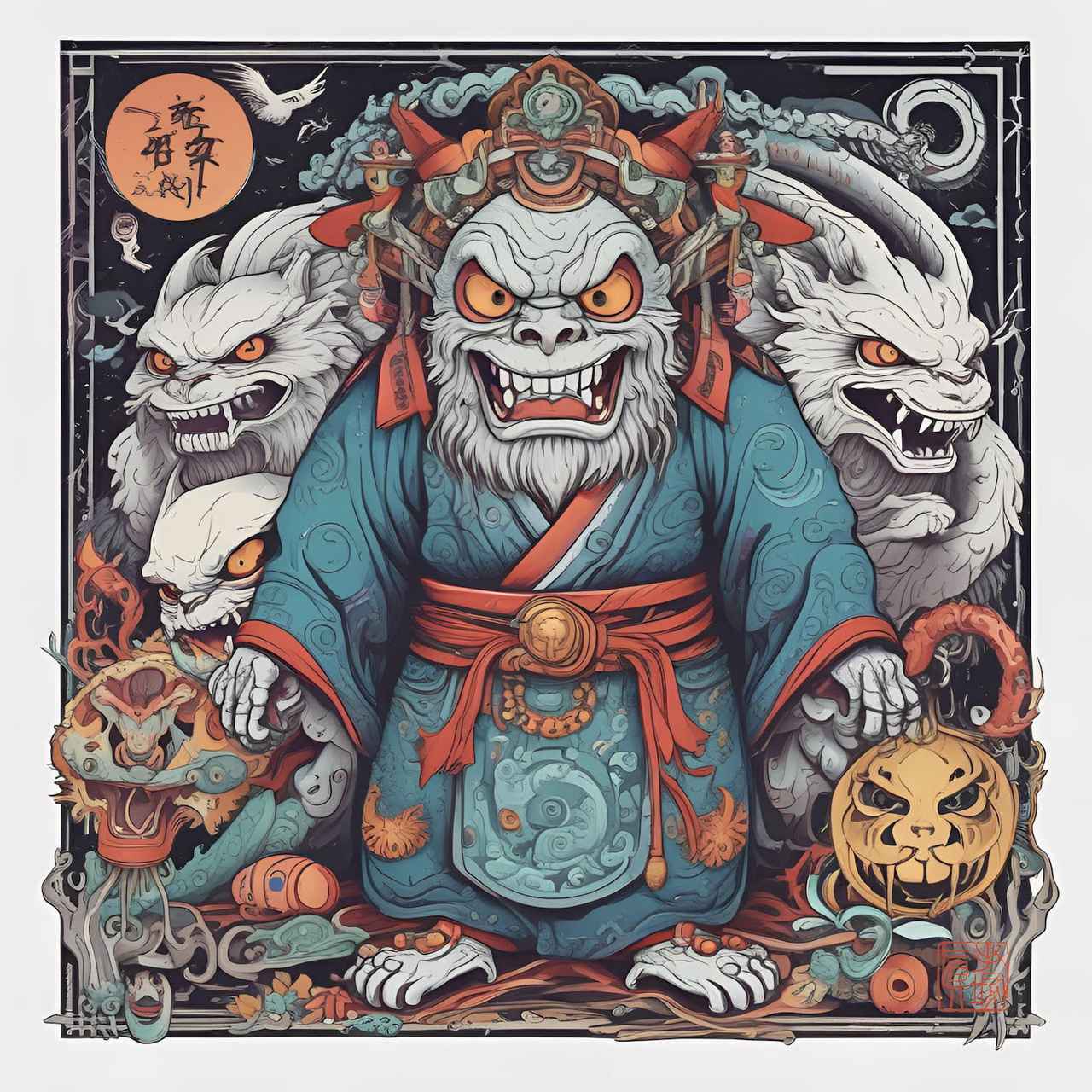 画像: 「⽩狼⻤」 ー ⼭奥に潜む狼の精霊が妖怪化した存在。群れを率いて⼭村を襲い、⾷料や⼦供をさらう。