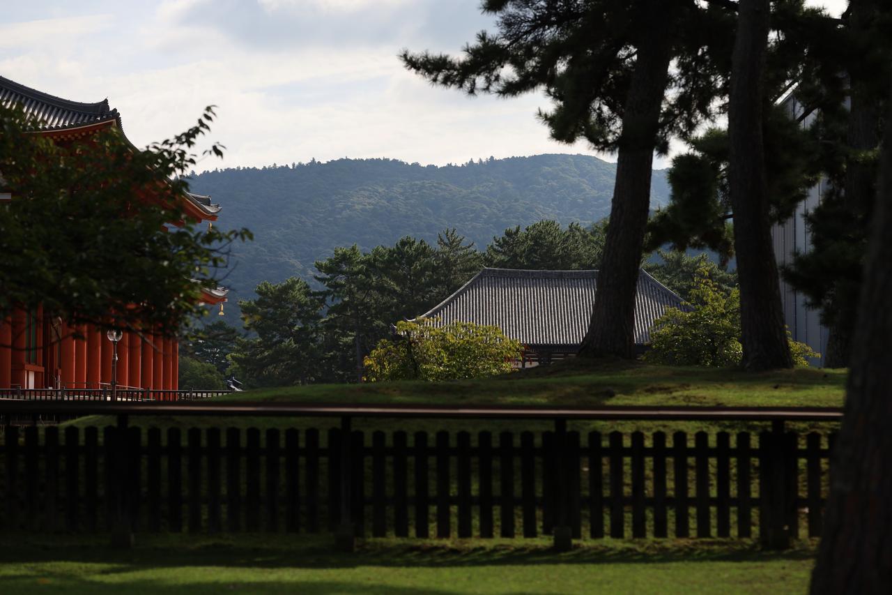 画像: 興福寺、北円堂の前より東を見る。手前の盛土状の部分が消失した西金堂の跡。その正面に見える屋根が室町時代に再建された東金堂(国宝)、北の赤い列柱が平成に再建が成った中金堂の正面。奥に春日の山々。