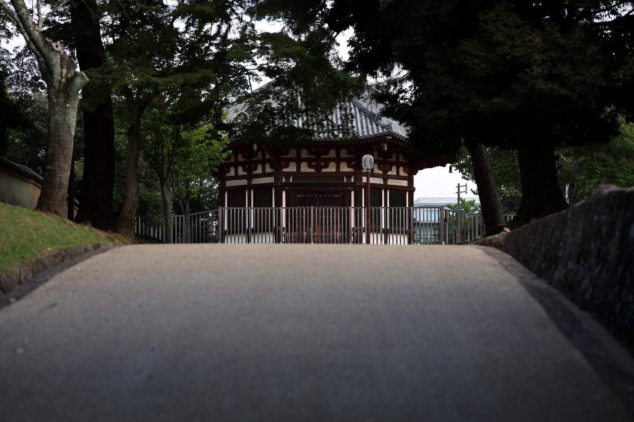 画像: 三重塔から上がる坂の頂上に見える興福寺北円堂、鎌倉時代・承元４年(1210)頃再建、国宝