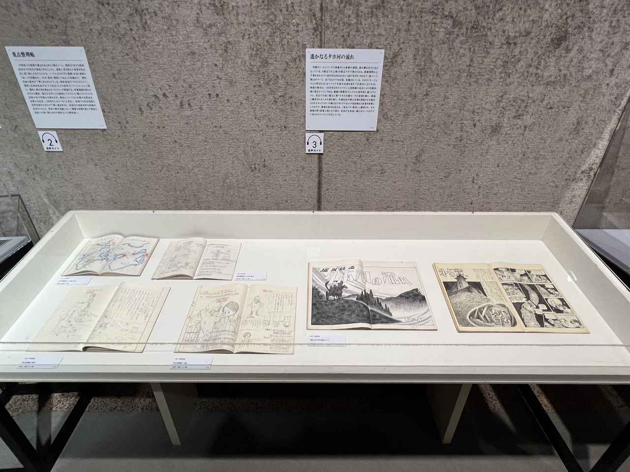 画像: 展示風景:左は中学生時代の『重点整理帳』、右はスペイン内戦を題材にした漫画『遙かなるタホ河の流れ』 photo©︎moichisaito