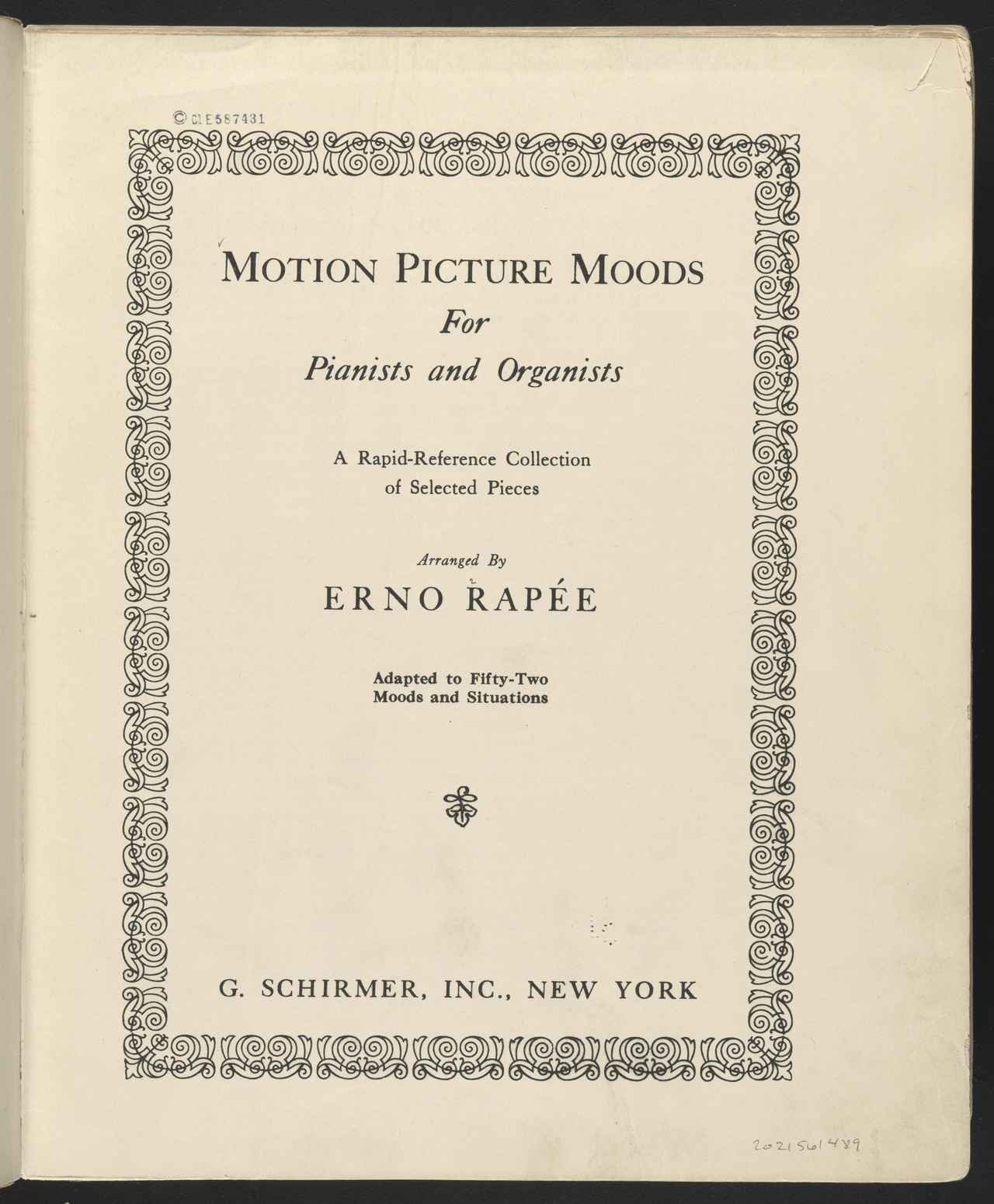 画像1: 『Motion picture moods : for pianists and organists : a rapid-reference collection of selected pieces, adapted to fifty-two moods and situations』エルノ・ラペー著、シャーマー出版、1924年