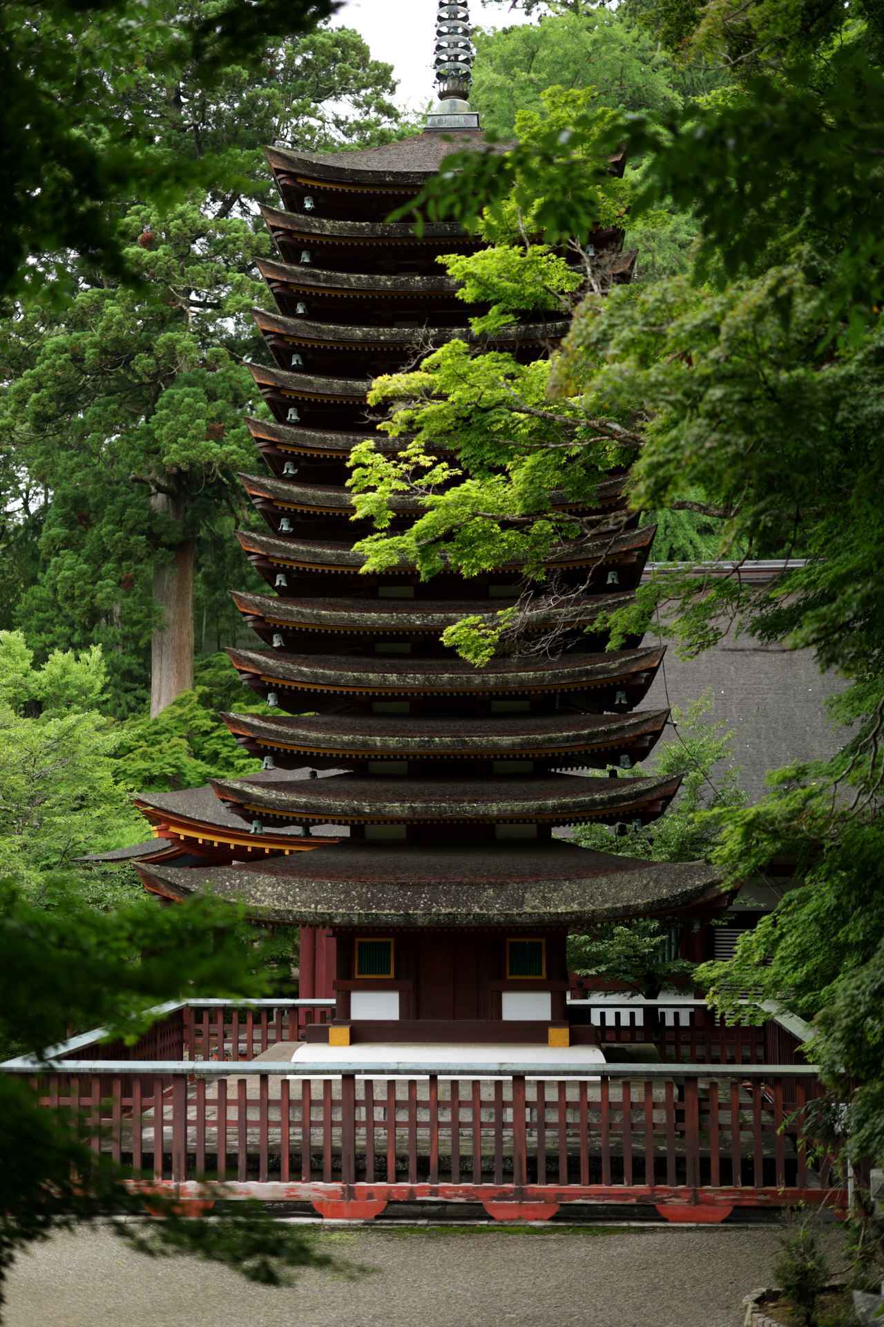 画像: 談山神社（旧多武峰常楽寺） 十三重塔 室町時代・享禄5年 (1532) 再建 重要文化財 当初の塔は鎌足の供養塔なのでその死後まもなく、妙楽寺創建時の飛鳥時代に建てられた。現存するのは室町時代の再建。仏塔の中でもっとも屋根の層が多い十三重塔は小型の石造のものなら数多く現存するが、木造の大規模建築では唯一。この均整の取れた優美な曲線の檜皮葺屋根とその重なりの美しさを維持するため、最近では2007年に大規模な解体修理が行われた。