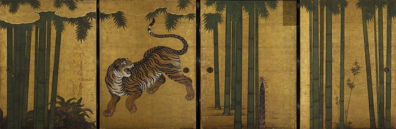 画像: 重要文化財 狩野山楽・山雪《竹林猛虎図襖》(部分)江戸時代 寛永8年(1631) 京都・天球院 画像提供:天球院(綴プロジェクト)