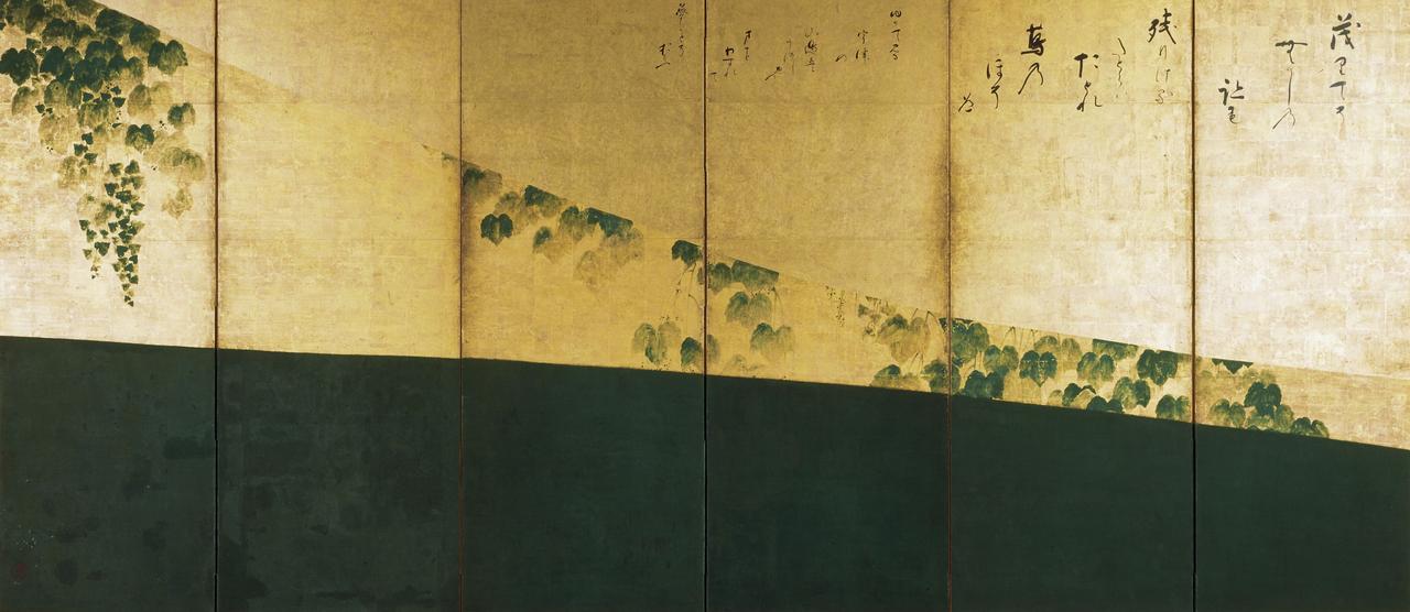 画像: 重要文化財「蔦の細道図屏風」（左隻） 俵屋宗達筆　烏丸光広賛　六曲一双　紙本金地著色　江戸時代　相国寺蔵　Ⅰ期