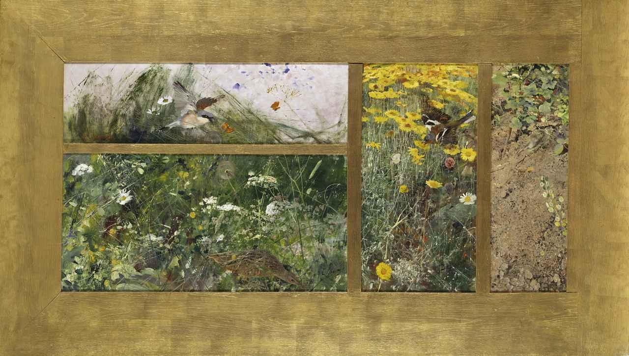 画像: ブリューノ・リリエフォッシュ《4種の⿃の習作（セアカモズ、ウズラクイナ、ズア オアトリ、キタヤナギムシクイ）》1887年 油彩、板（左上）、カンヴァス（その他） スウェーデン国立美術館蔵　Photo: Erik Cornelius / Nationalmuseum