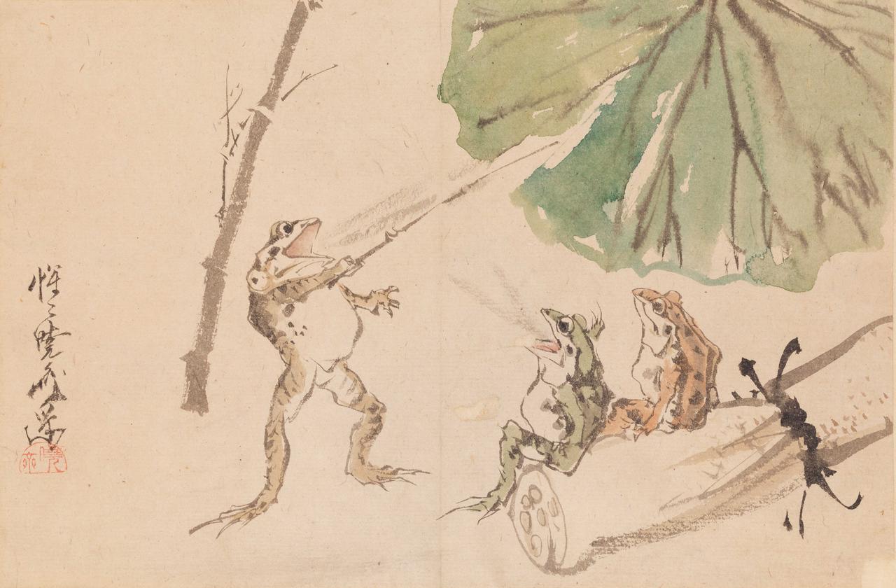 画像: 河鍋暁斎《蛙の学校》明治零年代中頃(1870年代前半) 紙本着彩 イスラエル・ゴールドマン・コレクション Photo:Ken Adlard