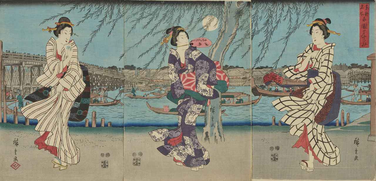 画像: 『東都名所　両国夕すゞみ』 歌川広重筆　江戸時代・弘化4～嘉永3年（1847～50）　大判錦絵3枚続　東京国立博物館蔵　　　　　　　　　1期：9/29（火）～10/25（日）