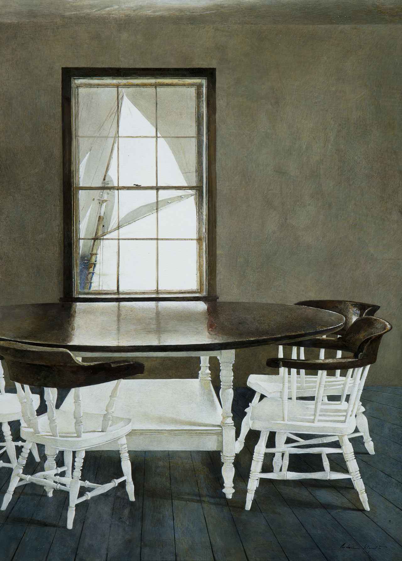 画像: 《乗船の一行》 1982年 テンペラ、パネル フィルブルック美術館、タルサ Philbrook Museum of Art, Tulsa, Oklahoma. Bequest of Marylouise Cowan, 2010.9.11. ©2026 Wyeth Foundation for American Art / ARS, New York / JASPAR, Tokyo