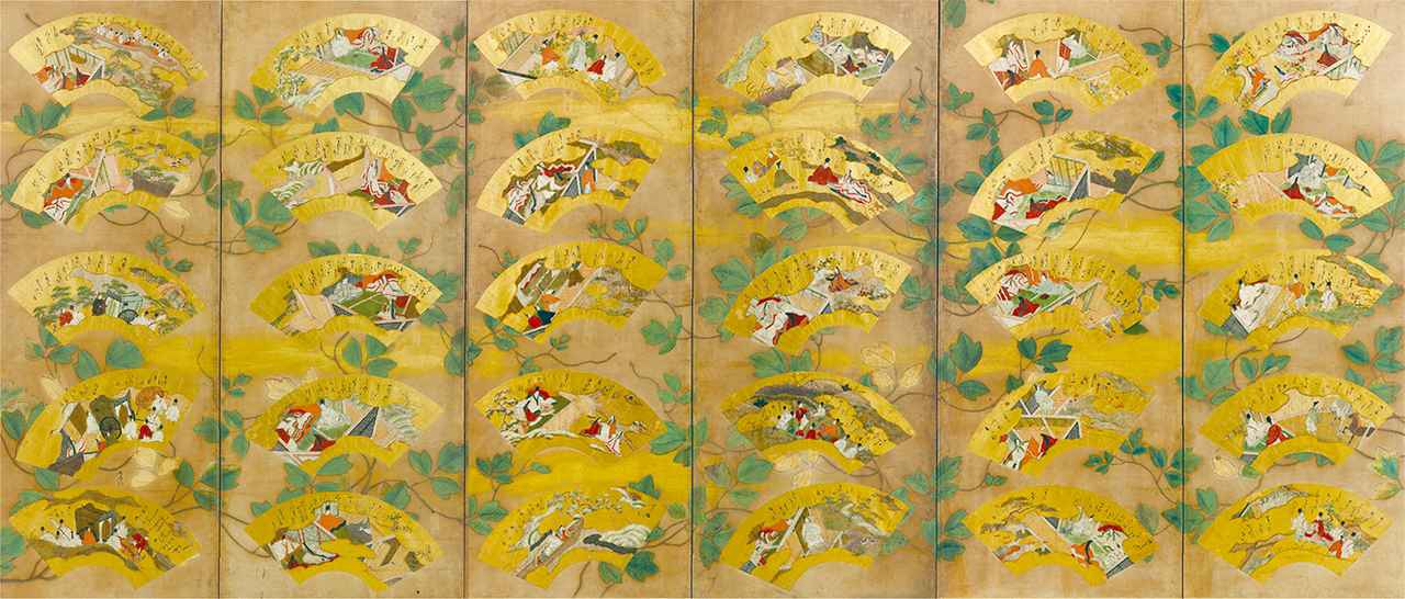 画像: 源氏物語図扇面貼交屛風(左隻) 室町時代・16世紀 広島・浄土寺蔵 (前期展示)