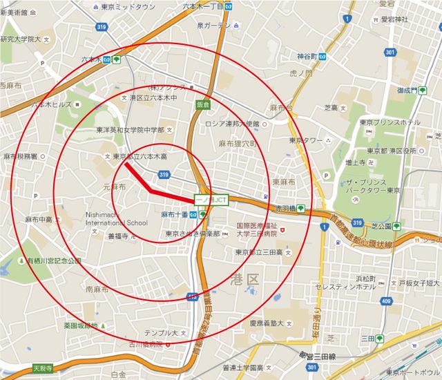 画像: 中心の赤ラインがまつり開催中心地、円が最も小さい範囲は車両通行ほぼ不可。通れても渋滞覚悟。大きい円部分あたりにも駐車場状況等、車両関連への影響が予想されます。