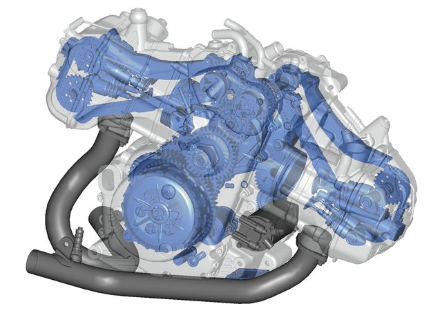 画像: エンジンのスケルトン図。クランクケースが車体と並行して置かれる、水平対向ではあるけれど、BMWの横置きとは違って、縦置き!25度に傾いています。