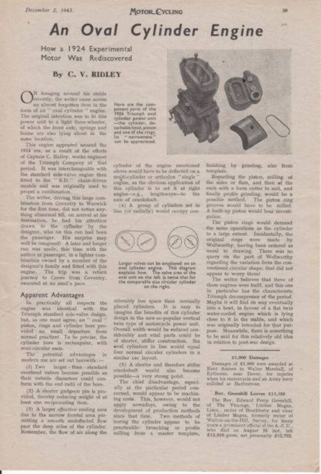 画像: 1924年に実験された、楕円ピストンの一例を紹介する「MOTOR CYCLING」の記事。気筒あたり2バルブが当たり前の時代だったので、楕円ピストンではありますがバルブの数は2にとどまっております。しかし記事中央の図説が示すとおり、通常の円柱形ピストンよりもこの楕円ピストンは大きなバルブ面積が稼げることがわかります。ピストンリングの形状は、ホンダNRのものに近いのが興味深いです。 scontent.xx.fbcdn.net