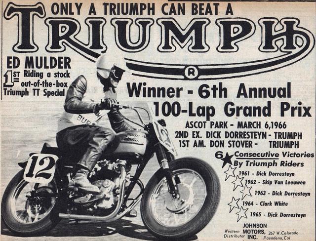 画像: 1966年のアスコットTTで勝利した、エディ・モルダーのT120TTスペシャルを掲載するトライアンフの広告。過去のTTでのトライアンフの勝利数や、木箱から出したままのストック車で勝ちましたよ! と誇らしげなコピーが並びます。1960年代は、トライアンフがTTで大活躍した時代でもありました。 www.triumphtalk.com