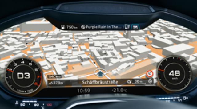 画像: MMIナビゲーションとの併用で、高解像度の画面に3D地形図のナビゲーションマップも表示する。