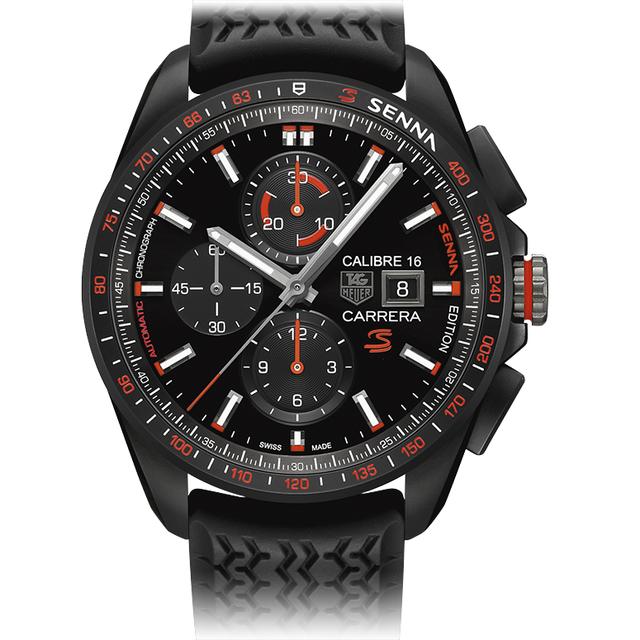 画像: タグ・ホイヤー カレラ 100M キャリバー 16 自動巻クロノグラフ ブラックバージョン44 MM セナ 限定モデル 商品番号 : CBB2080.FT6042 ムーブメント キャリバー 16 100m防水・サファイヤ ガラス 自動巻 ¥ 480 000