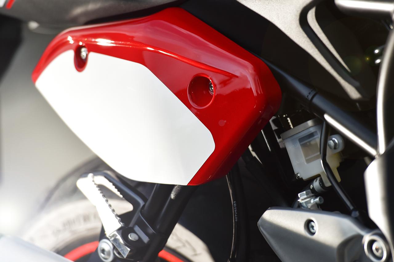 画像: フレームカバー(左右セット)/2万2680円。メーターバイザーを装着すると、絶対にこっちも合わせて欲しくなるのでご注意ください(笑) 特に、後ろナナメからバイクを眺めた時のカッコ良さがヤバい! レッドの他にブラックもあります。