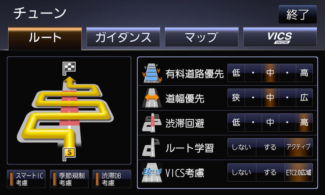 画像: ルートチューン:ルート探索する際の優先項目を設定できる。できるだけ早く着きたいとか、広くて快適な道を走りたいとか、渋滞にハマりたくない!など、「CN-F1D」が好みのルートで案内してくれる。