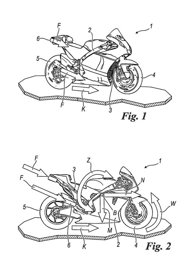 画像: 特許申請の図には、車体に作用する力を示す矢印がいろいろあるので、アンチウィリー効果を狙った推力発生装置としての新型排気系・・・ということがわかるのですが・・・。 www.bennetts.co.uk