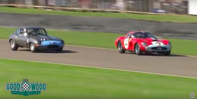 画像: ゼッケン4がフェラーリ250GTO。レースのホモロゲーションモデルとして1962年からわずかな台数が作られた特別なフェラーリで、現存するホンモノがオークションに出ると数十億円のハンマープライス必至という、世界で最も高額なクラシックカーのひとつです。 www.youtube.com