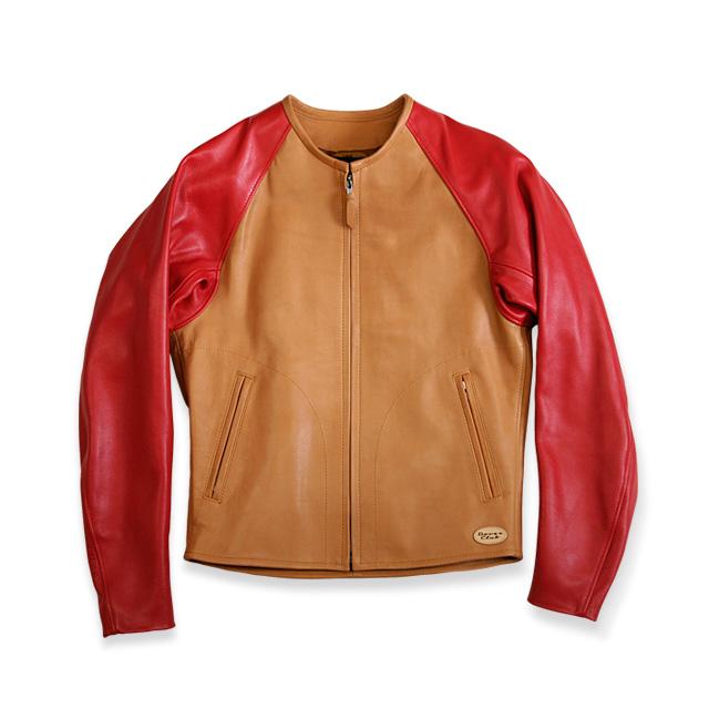 画像: F-03 price:本体価格90,000円 + 消費税 color:キャメル×レッド/ブラック×ブラック quarity:表/ポニーステア(キャメル)/ 牛キップレザー(レッド ブラック) 裏/ナイロンサテン size : S M L LL スタジャンのようなラグラン袖が特徴のジャケット。 腕の自由度が大きく軽快な着心地です。 doverclub.com