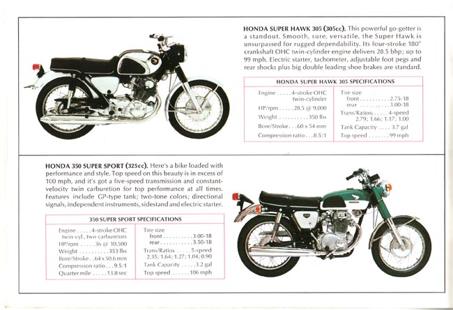 画像: こちらのカタログの上に載っているのが、スーパーホークことCB77です。4ストロークOHC2気筒305ccを搭載し、国内外のモータースポーツでも活躍しました。なおこのタイプはフロントフォークのスライダーがアルミになった後期型です。 gregwilliams.ca