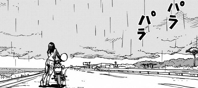 画像: やむなくバイクを押し始めるクミちゃん。無情にも雨も降ってきた・・