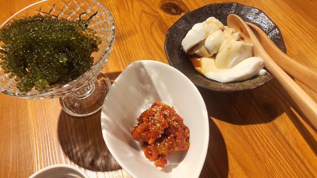 画像: 海ぶどう、チャンジャ、ジーマミー豆腐☆全部つまみ。笑