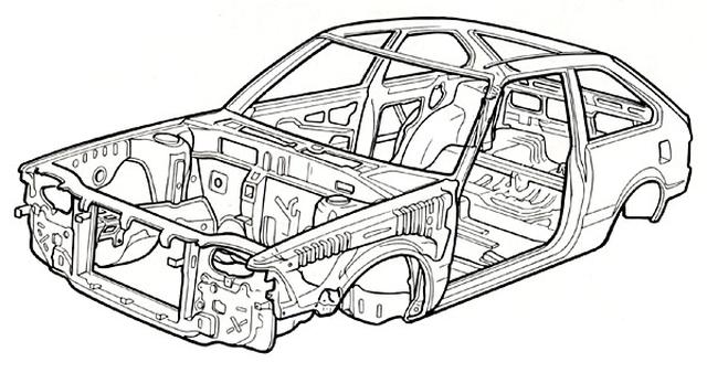画像: クルマのモノコックの一例、1981年型ホンダ・アコードのモノコック。車体の外皮である鋼板が主要な骨格となっています。チューブラーのフレームを脊椎動物の骨格に例えるなら、モノコックはカブトムシなどの甲虫類みたいなカラダ・・・と言えるでしょうかね? www.honda.co.jp