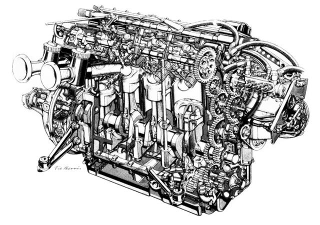 画像: 1954年にクズミッキがデザインしたヴァンウォールF1エンジン。ヘアピンバルブスプリングや4連アマルGPキャブレターなど、まるでノートンマンクス単気筒を4気筒化したような内容でした(ビッグエンドはメタル軸受、バルブトレインがカムギア式などの違いはありますが)。 primotipo.com