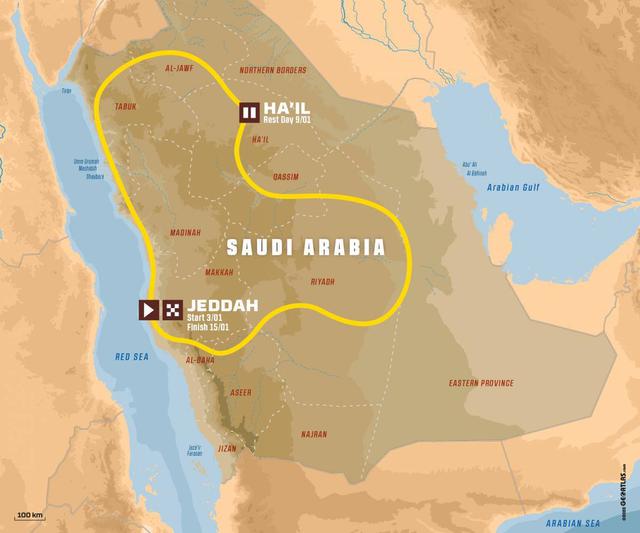 画像: ダカールラリー2021年大会のルート図。ビバーク地点は1部が2020年大会と同じにはなりますが、スペシャルステージは前年と異なる道と砂丘を使うとA.S.O.は発表しています。 www.dakar.com