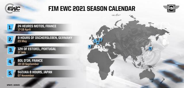 画像: 新しいFIM EWCの2021年シーズンのカレンダー。1〜4戦はすべて欧州大陸で行い、フライアウェイとなる鈴鹿8耐は最終第5戦になっています。 www.fimewc.com