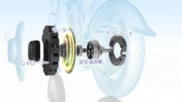 画像: 後輪ハブに、モーター、コントローラー、遊星減速機、そしてドラムブレーキを一体化にておさめたYIPUの構造図。 www.youtube.com