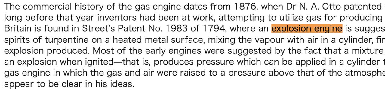画像: 1911年のエンサイクロペディア ブリタニカ Vol.11/ガス エンジンの文章。現代のような電気点火ではない、初期の内燃機関の説明のなかで、explosion・・・爆発の語を多用しているのがわかります。 en.wikisource.org