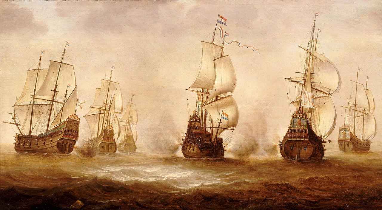 画像: 1640年、オランダ軍艦がニューポールト沖で、スペイン王室に仕えるダンケルク私掠船と交戦するシーンを描いた絵画。 en.wikipedia.org