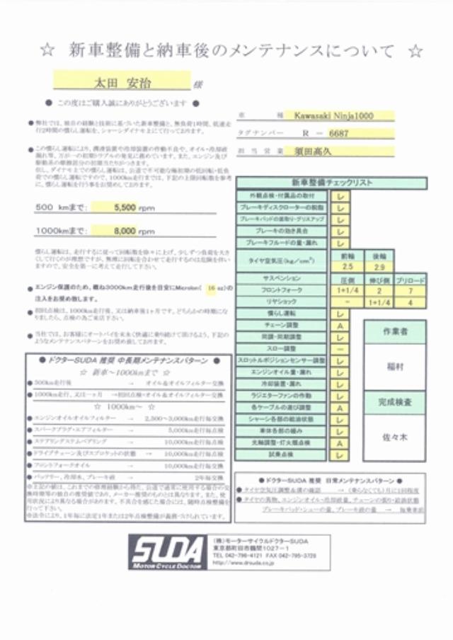 画像: 新車の納車整備内容と慣らし運転の回転数/距離、定期点検のスケジュールなどが記入されたシート。細かな内容はドクターSUDAのホームページを。 www.drsuda.co.jp