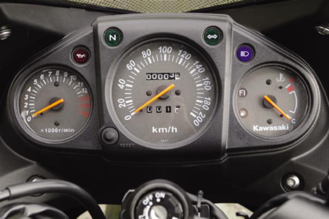 画像: メーターは読み取りやすいアナログ3連タイプ。200km/hスケールの速度計を中心に、左側に回転計、右側は水温計。