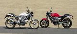画像: 意外にもCB400SFより40mm長い全長だが、V型エンジンのおかげで車体は非常にスリム。シートの先端部分もかなり絞り込まれた形状なので、足着き性は良好。また、ⅠとⅡの違いは、Ⅰはキャリパーとホイールがブラック(右)、Ⅱは車体同色のリアカウルにゴールドホイール&キャリパーを持つ(左)。
