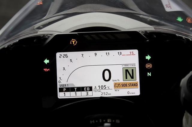 画像: RC213V-S譲りのデザインのTFTモニターも同じ。サイドスタンド警告表示、初めて見ましたね。