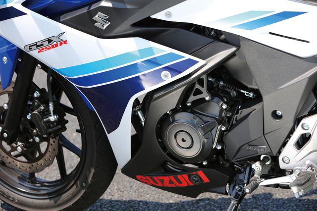 画像: GSR250用をベースに開発された水冷並列ツイン。低中速トルクを重点的に向上させ、パワフルさと扱いやすさを高いバランスで両立させた。