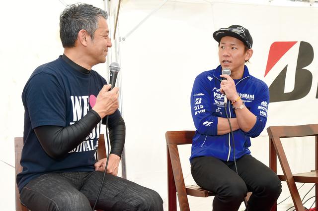 画像: イベントには豪華ゲストも登場。右は全日本ロードレースで活躍する中須賀克行選手、左は宮城 光氏。2人は先導走行にも参加。