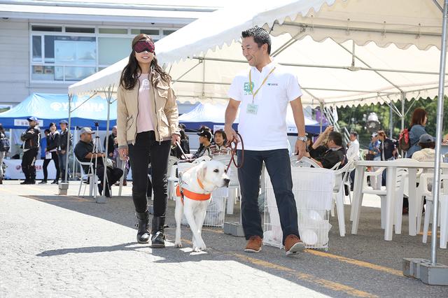 画像: アイマスクをして盲導犬と一緒に歩く体験コーナーも開催。BS11で放送中の「MOTORISE」でもお馴染みの延時成実さんも盲導犬を体験していました。