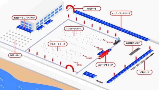 画像: ジムカーナコースを囲むように試乗会ブース、各出展社ブース、カスタム車両展示ブースを設けます